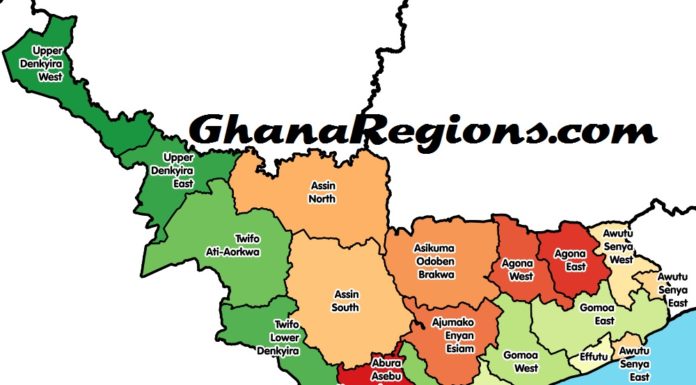 Map showing 20 districts of the Central Region of Ghana