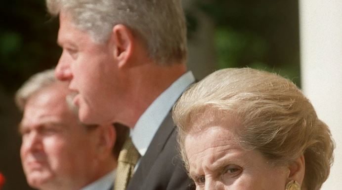 Madeleine Albright (R) with Sandy Berger, the national security adviser, and Ex-President Bill Clinton.