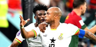 Andre Ayew celebrates after scoring against Portugal at Qatar FIFA World Cup 2022.