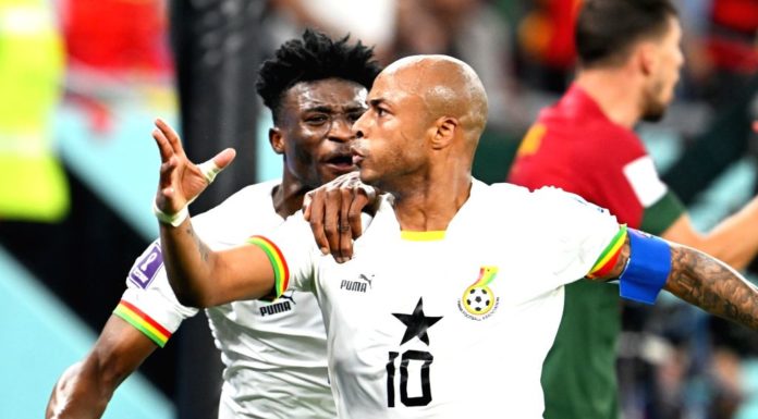 Andre Ayew celebrates after scoring against Portugal at Qatar FIFA World Cup 2022.