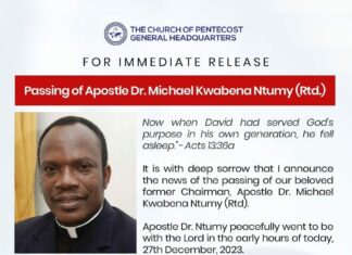 The Church of Pentecost confirmed Apostle Michael Ntumy dead.