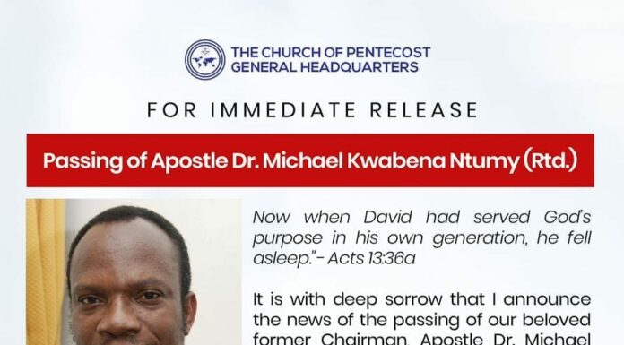 The Church of Pentecost confirmed Apostle Michael Ntumy dead.