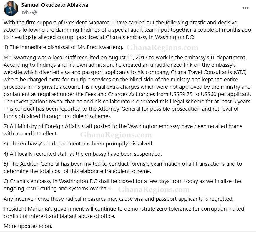 Samuel Okudzeto Ablakwa, announced Fred Kwarteng's immediate dismissal