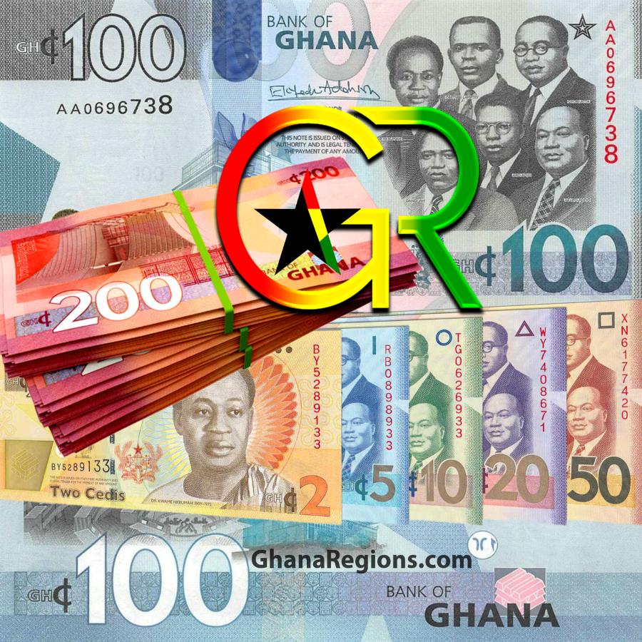 Ghana Cedi Notes, 2 cedis, 5 cedis, 10 cedis, 20 cedis, 50 cedis, 100 cedis, 200 cedis