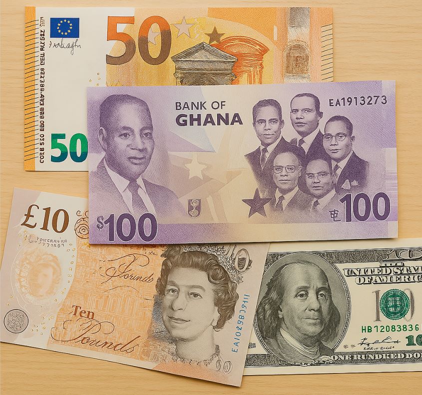 Euro, Ghana Cedi, US Dollars, Pound Sterling